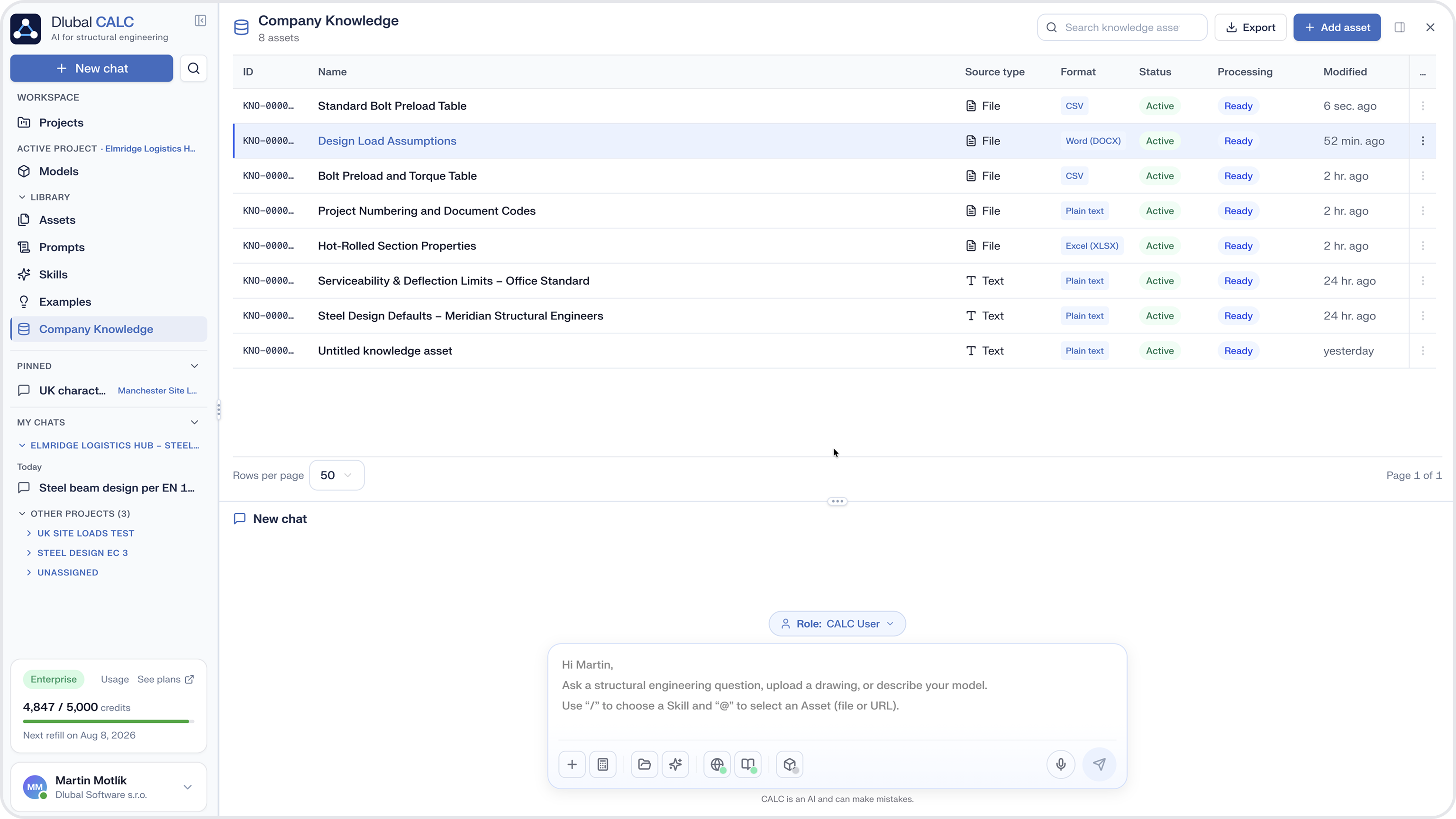 A screenshot shows the knowledge section in a new AI product by a company, underlining the Dlubal CALC feature for enhanced project execution.